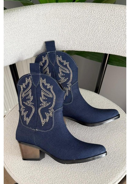 Kadın Doly Kot Kumaşı Nakışlı 5 cm Topuklu Kovboy Bot