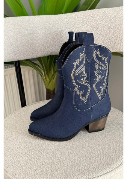 Kadın Doly Kot Kumaşı Nakışlı 5 cm Topuklu Kovboy Bot modelleri