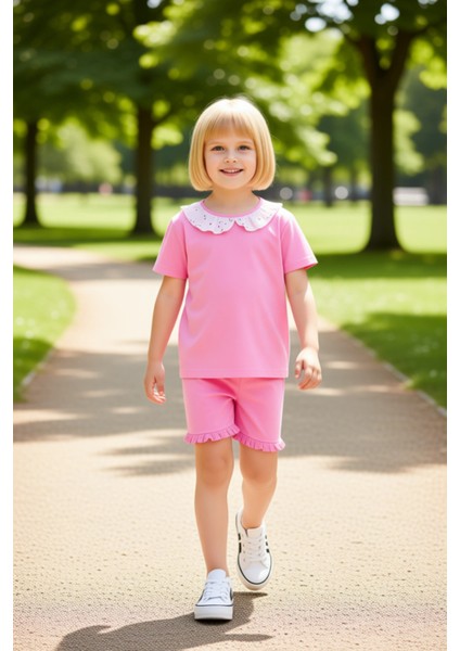 Kız Çocuk Pamuklu Bebe Yaka Kısa Kollu Tişört ve Fırfırlı Şort Takımı Kaliteli Şık Rahat