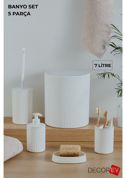 5 Parça Modern Çizgili Banyo Seti – Sabunluk, Sıvı Sabunluk, Diş Fırçalık, Tuvalet Fırçası ve Çöp Kovası (Beyaz) DC-6762