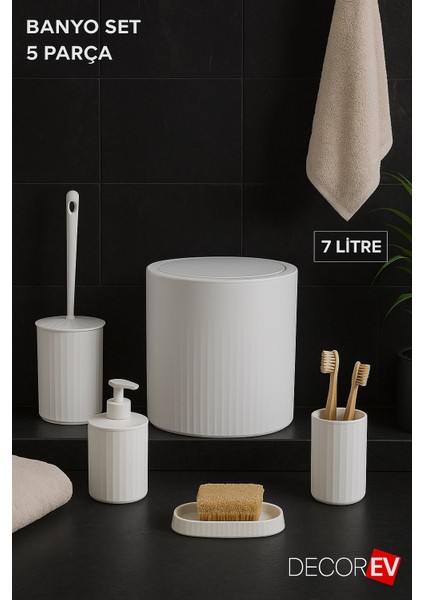 5 Parça Modern Çizgili Banyo Seti – Sabunluk, Sıvı Sabunluk, Diş Fırçalık, Tuvalet Fırçası ve Çöp Kovası (Beyaz) DC-6762 modelleri