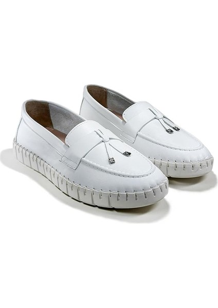 Kadın Beyaz Deri Loafer, Örgü Taban, Fiyonk Detaylı, Günlük Ayakkabı