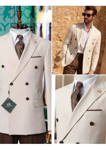 Krem, Kruvaze, Kırlangıç Yaka, Erkek Takım Elbise, Krem