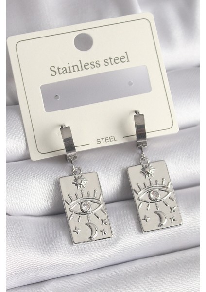 Bfs 316L Çelik Gümüş Renk Zirkon Taşlı Göz Işleme Detaylı Plaka Model Kadın Küpe