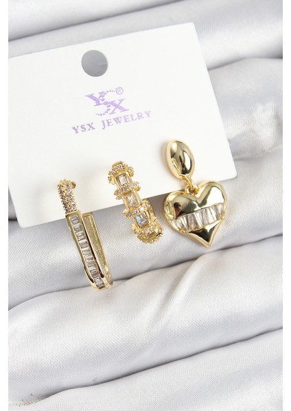 Bfs Pirinç Zirkon Taşlı Kalp Model Gold Renk 3'lü Kadın Küpe