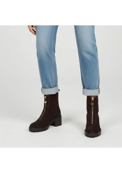Kahve Süet Hakiki Deri Önden Metal Fermuarlı Kadın Kalın Topuklu Bot modelleri