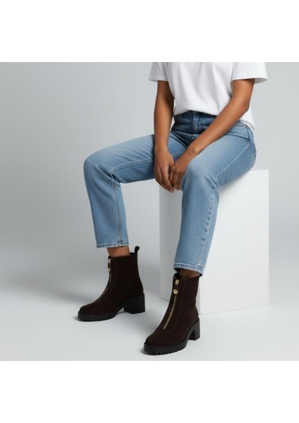 Kahve Süet Hakiki Deri Önden Metal Fermuarlı Kadın Kalın Topuklu Bot fiyatları