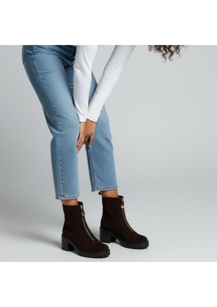 Kahve Süet Hakiki Deri Önden Metal Fermuarlı Kadın Kalın Topuklu Bot fırsatları