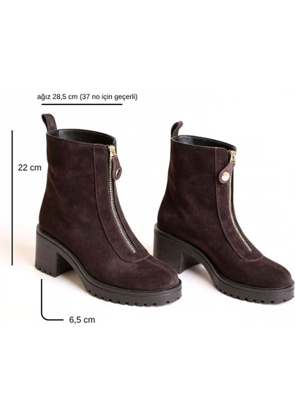 Kahve Süet Hakiki Deri Önden Metal Fermuarlı Kadın Kalın Topuklu Bot indirimleri
