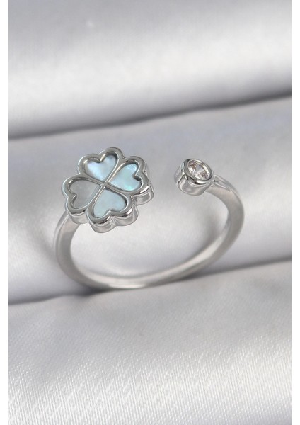 Bfs Pirinç Gümüş Renk Mavi Mineli Yonca Model Zirkon Taş Detay Ayarlanabilir Kadın Yüzük