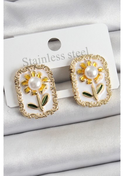 Bfs Pirinç Beyaz Mineli Papatya Figürlü Sanatsal Portre Model Gold Renk Kadın Küpe