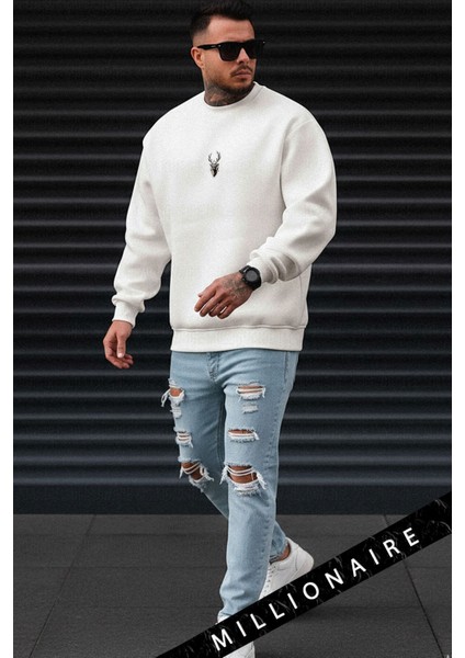 Erkek Ekru Kırık Beyaz Geyik Kalın Soft 3 Iplik Içi Şardonlu 0 Sıfır Yaka Oversize Salaş Sweatshirt modelleri
