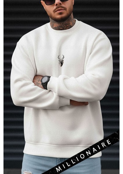 Erkek Ekru Kırık Beyaz Geyik Kalın Soft 3 Iplik Içi Şardonlu 0 Sıfır Yaka Oversize Salaş Sweatshirt fırsatları