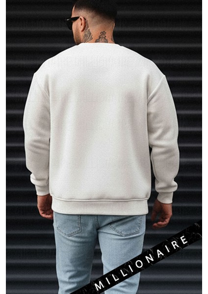 Erkek Ekru Kırık Beyaz Geyik Kalın Soft 3 Iplik Içi Şardonlu 0 Sıfır Yaka Oversize Salaş Sweatshirt indirimleri