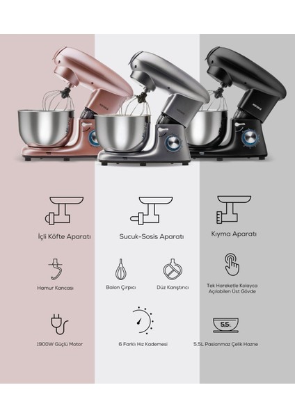 1900W 5,5 Litre Çırpma Karıştırma, Yoğurma Kıyma ve Hamur Yoğurma Makinesi & Mutfak Şefi fiyatları