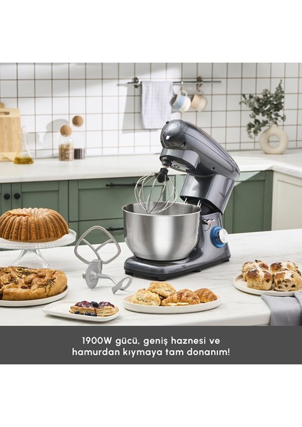 1900W 5,5 Litre Çırpma Karıştırma, Yoğurma Kıyma ve Hamur Yoğurma Makinesi & Mutfak Şefi