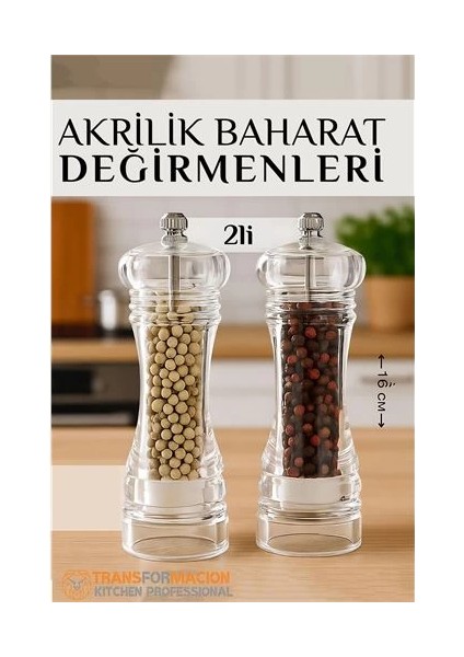 Bfs Baharat Öğütücü - Baharat Karabiber Tuz Değirmeni Ahşap Akrilik Kristal 2 Li Set