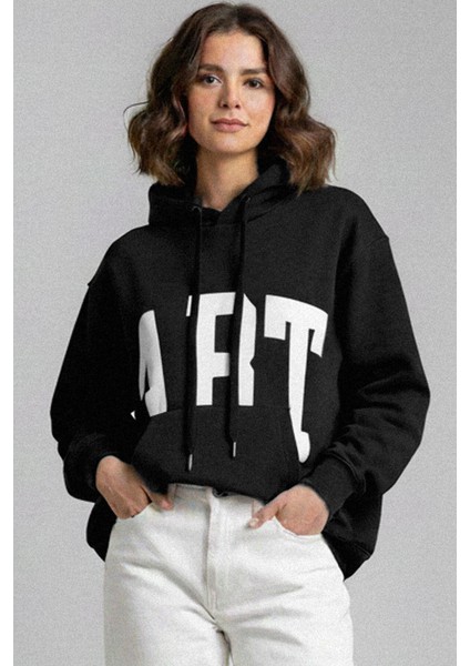 Kadın Siyah Art Baskılı 3 Iplik Şardonlu Kapüşonlu Oversize Salaş Bol Kesim Hoodie Sweatshirt