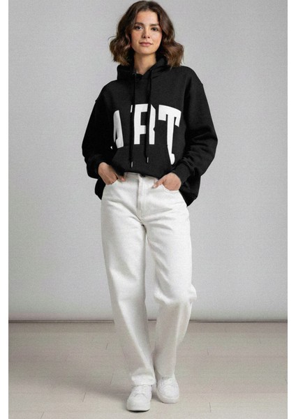 Kadın Siyah Art Baskılı 3 Iplik Şardonlu Kapüşonlu Oversize Salaş Bol Kesim Hoodie Sweatshirt modelleri