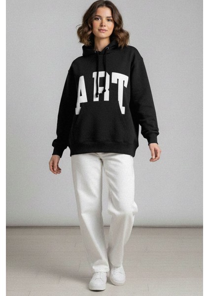 Kadın Siyah Art Baskılı 3 Iplik Şardonlu Kapüşonlu Oversize Salaş Bol Kesim Hoodie Sweatshirt fırsatları