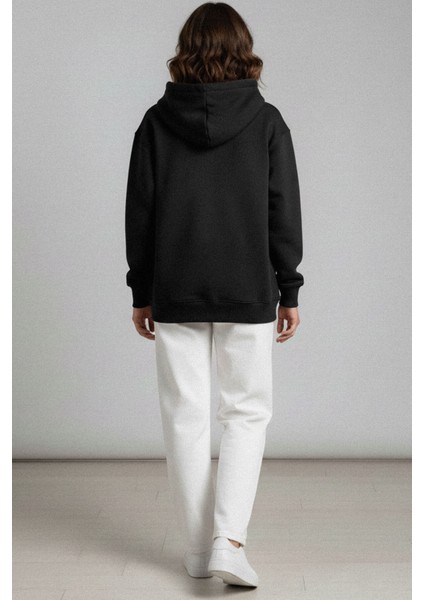Kadın Siyah Art Baskılı 3 Iplik Şardonlu Kapüşonlu Oversize Salaş Bol Kesim Hoodie Sweatshirt indirimleri