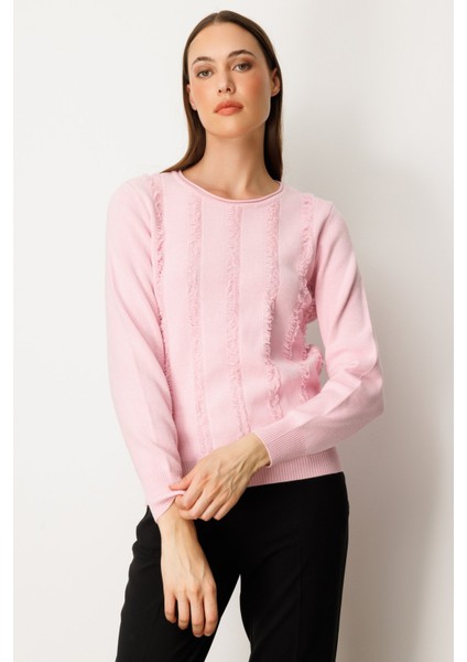Kadın Sıfır Yaka Püskül Detaylı Triko Kazak 65306 Pembe