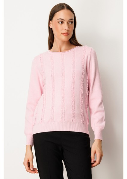Kadın Sıfır Yaka Püskül Detaylı Triko Kazak 65306 Pembe fiyatları