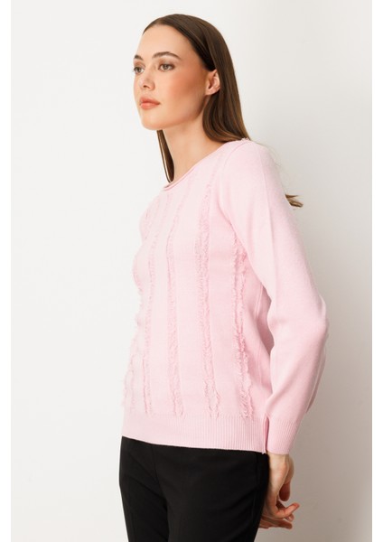 Kadın Sıfır Yaka Püskül Detaylı Triko Kazak 65306 Pembe modelleri