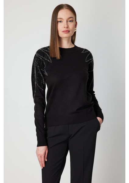 Kadın Omuzları Taş Işlemeli Triko Kazak 66344 Siyah-Siyah