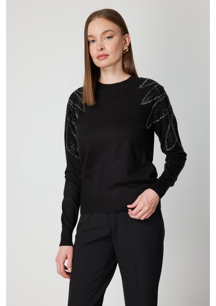 Kadın Omuzları Taş Işlemeli Triko Kazak 66344 Siyah-Siyah fiyatları