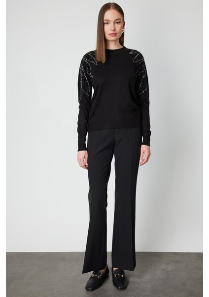 Kadın Omuzları Taş Işlemeli Triko Kazak 66344 Siyah-Siyah modelleri