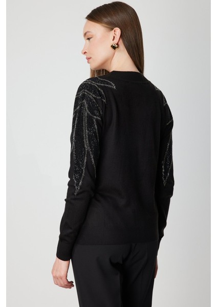 Kadın Omuzları Taş Işlemeli Triko Kazak 66344 Siyah-Siyah fırsatları