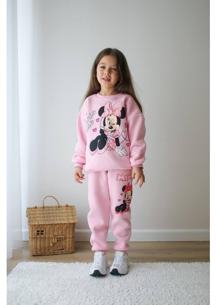 Çizgi Karakter Detaylı 3 Ip Şardonlu Kışlık Kız Çocuk Alt Üst Takım