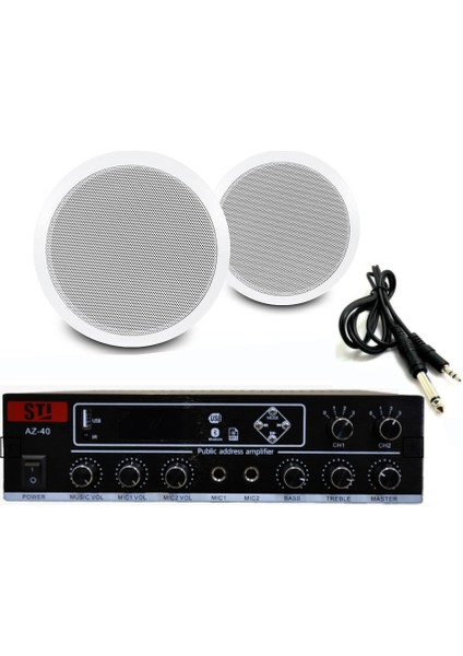 Kafe Mağaza Ofis Için 2’li Beyaz Tavan Hoparlörlü 100V Ses Sistemi Paketi