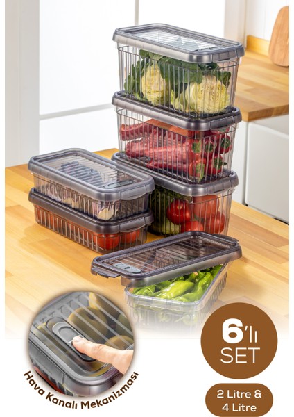 6lı Kendinden Çizgili Kilitli Kapaklı Saklama Kabı Seti 3x 2 L - 4 L Antrasit