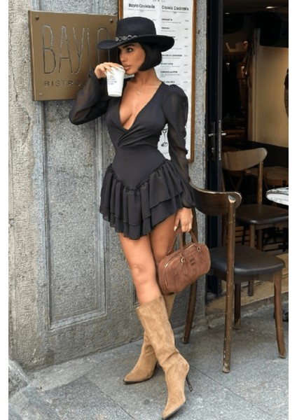 Kadın Vatkalı Kruvaze Yaka Tül Elbise modelleri