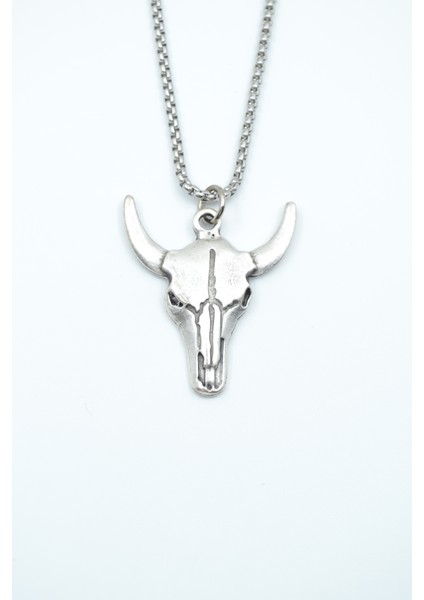 Boğa - Kuru Kafa Gümüş Kaplama Örme Zincir Kolye