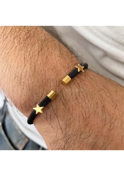 Gümüş Yıldız Detaylı Siyah Çelik Bileklik