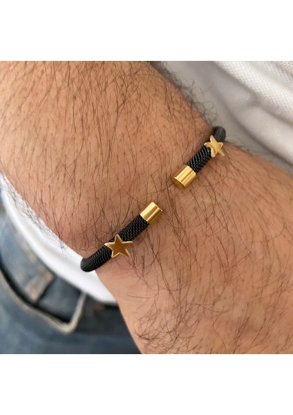 Gümüş Yıldız Detaylı Siyah Çelik Bileklik fiyatları