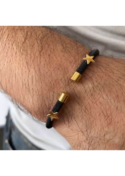 Gümüş Yıldız Detaylı Siyah Çelik Bileklik modelleri