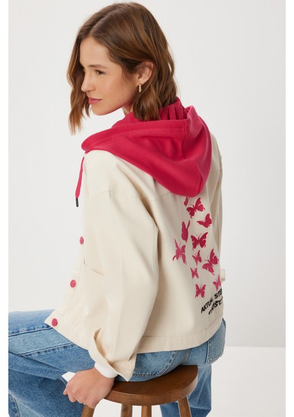 Kontrast Renkli Işlemeli Denim Ceket LSA0019 Krem Pembe