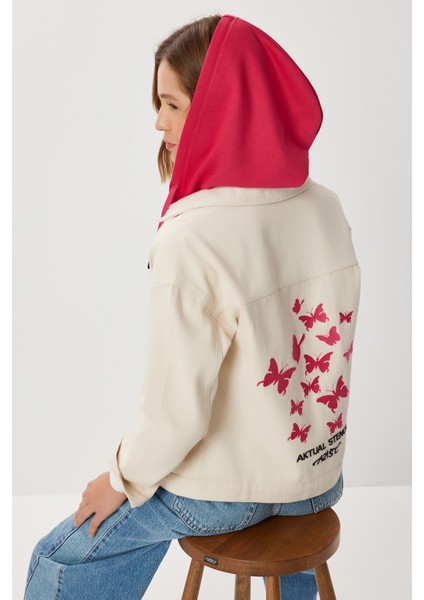 Kontrast Renkli Işlemeli Denim Ceket LSA0019 Krem Pembe fiyatları
