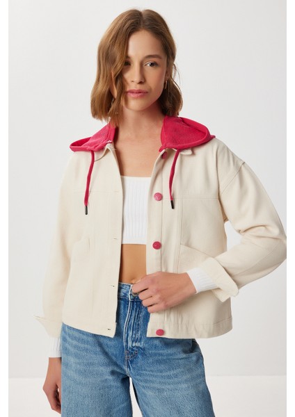 Kontrast Renkli Işlemeli Denim Ceket LSA0019 Krem Pembe modelleri