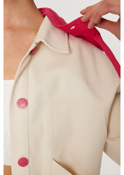 Kontrast Renkli Işlemeli Denim Ceket LSA0019 Krem Pembe fırsatları