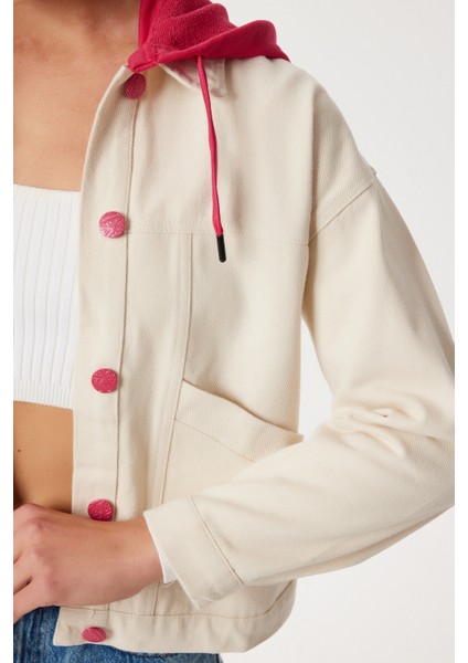 Kontrast Renkli Işlemeli Denim Ceket LSA0019 Krem Pembe indirimleri