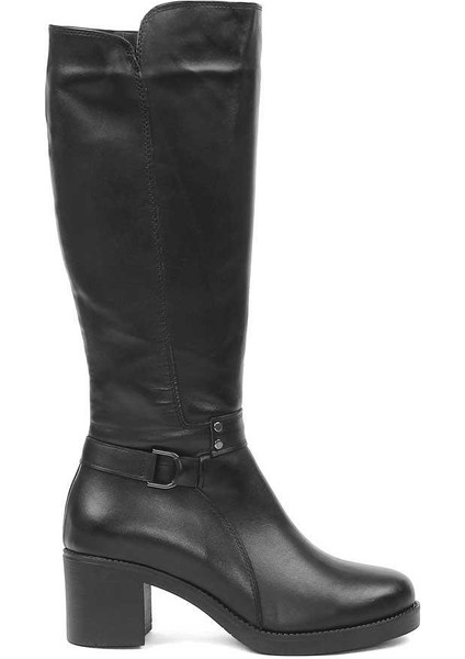 Kadın Siyah Fermuarlı Topuklu Deri Çizme fiyatları