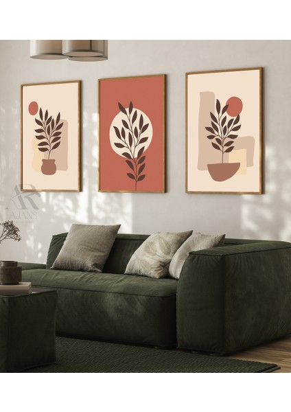 Geometrik Formlarda Yaprak Tasarımı Çerçerve Görünümlü 3'lü Mdf Tablo