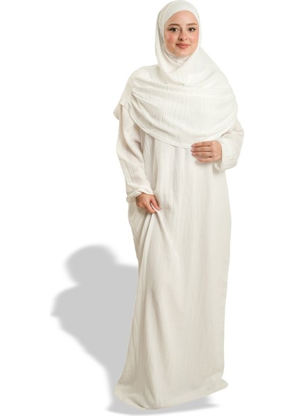 Krem Iki Parça Namaz Elbisesi Dokuma Kendinden Desenli 2502_40