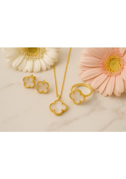 925 Ayar Sarı Altın Kaplama Sedef Taşlı Yonca Model Gümüş Takı Seti fiyatları