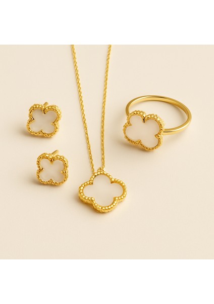 925 Ayar Sarı Altın Kaplama Sedef Taşlı Yonca Model Gümüş Takı Seti modelleri